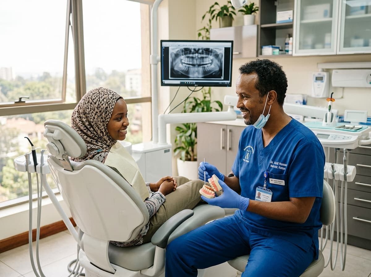 Dentist explaining tooth restoration to patient
