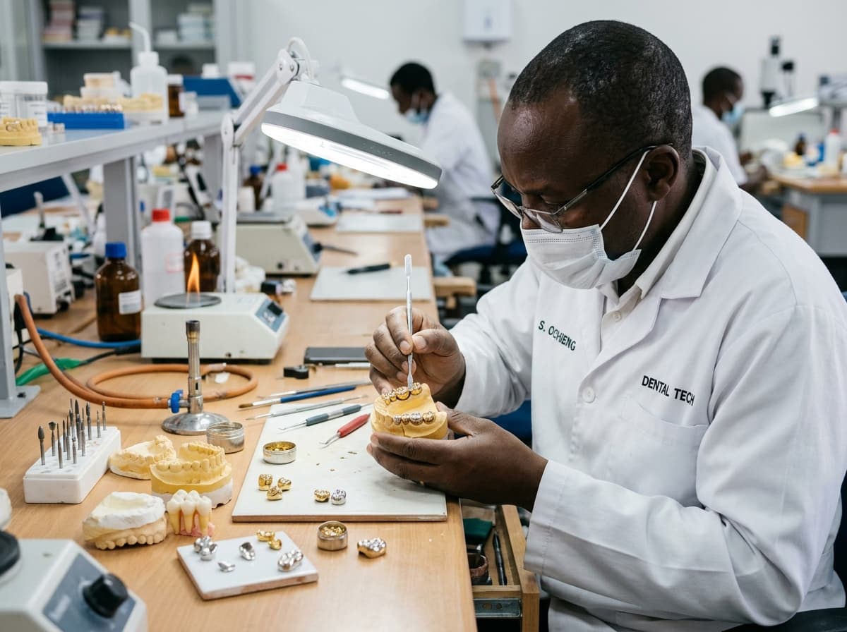 Skilled technician crafting gold crowns in NeoDental laboratory workbench